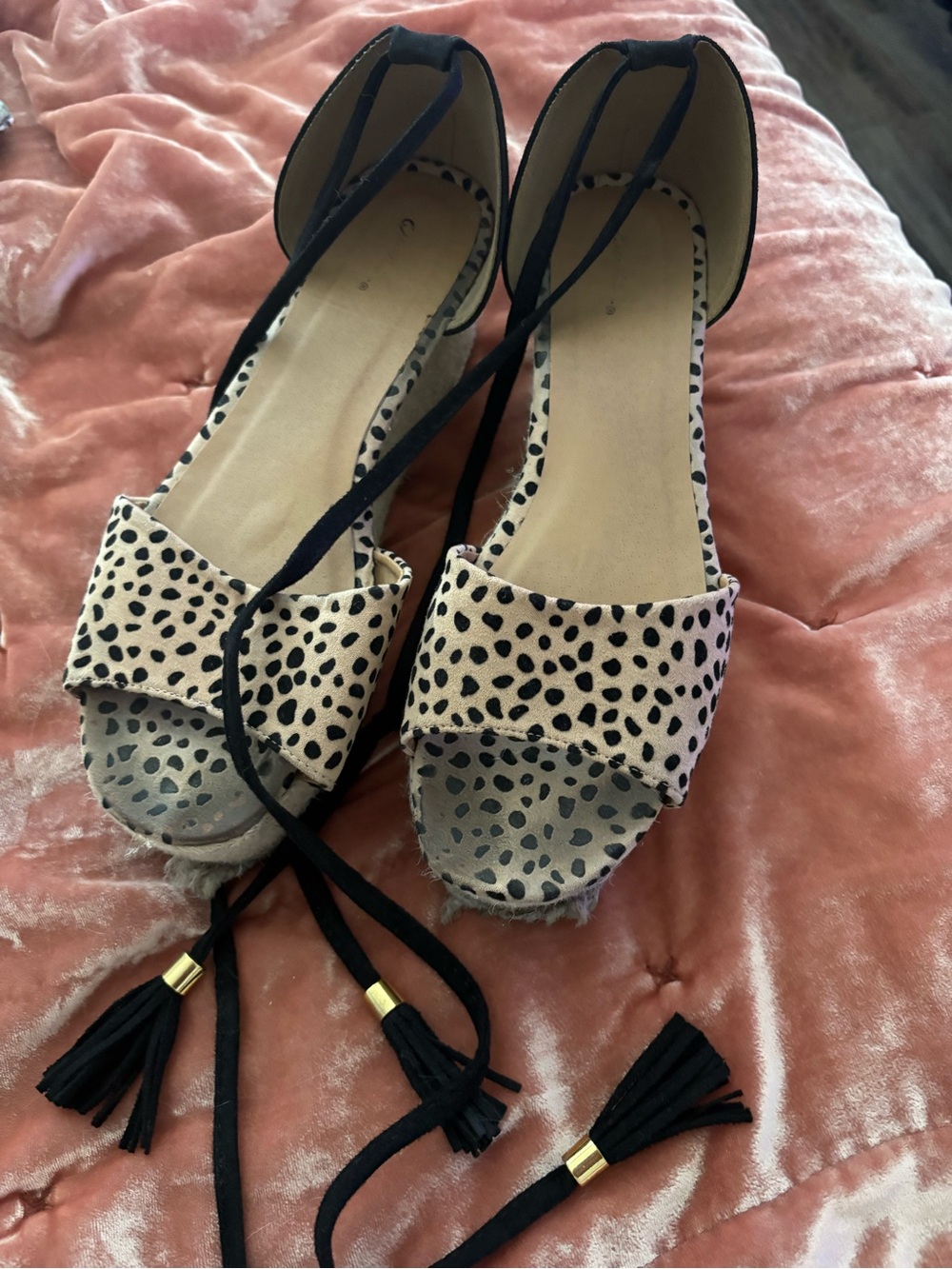 Dolce Vita Beige Leopard Espadrille Wedge Sandals with Black Tassel Ties